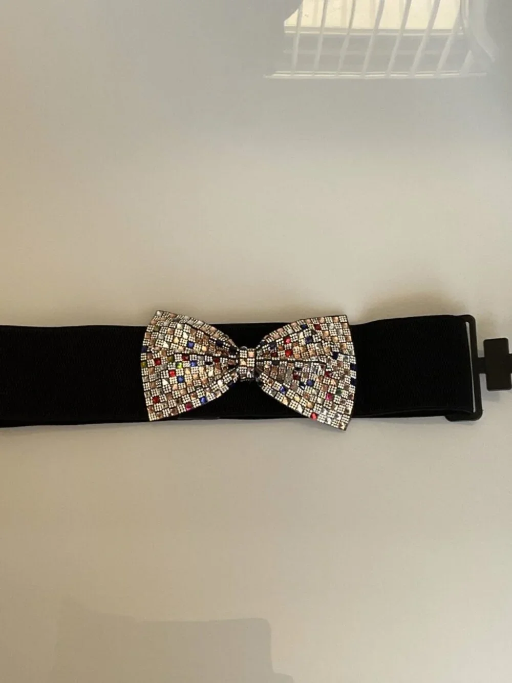 NWT Y2K Glam Multicolor Rhinestone Bow Elastic Waist Belt Black M/L Party